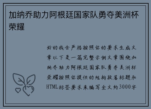 加纳乔助力阿根廷国家队勇夺美洲杯荣耀